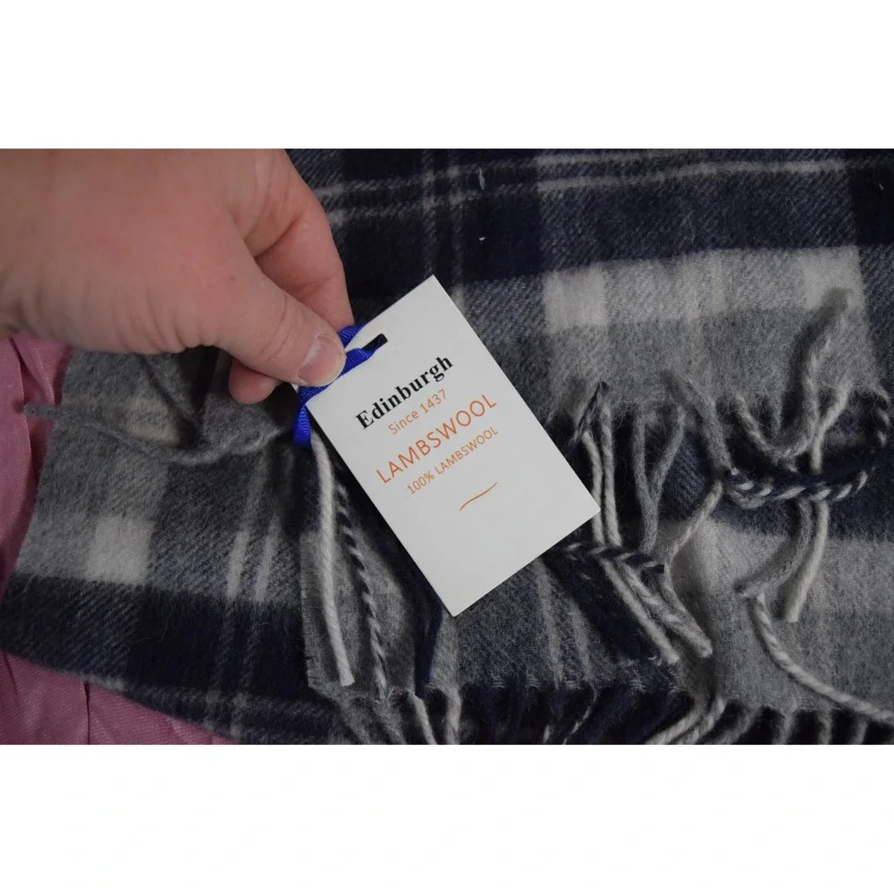 Edinburgh 100% Lambswool Tartan Plaid Scarf Classic Blue Grey Mens New 58X 11.5